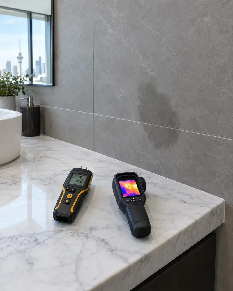 A moisture meter beside a tiled wall