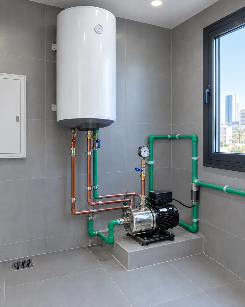 A utility room with a new water heater and pump
